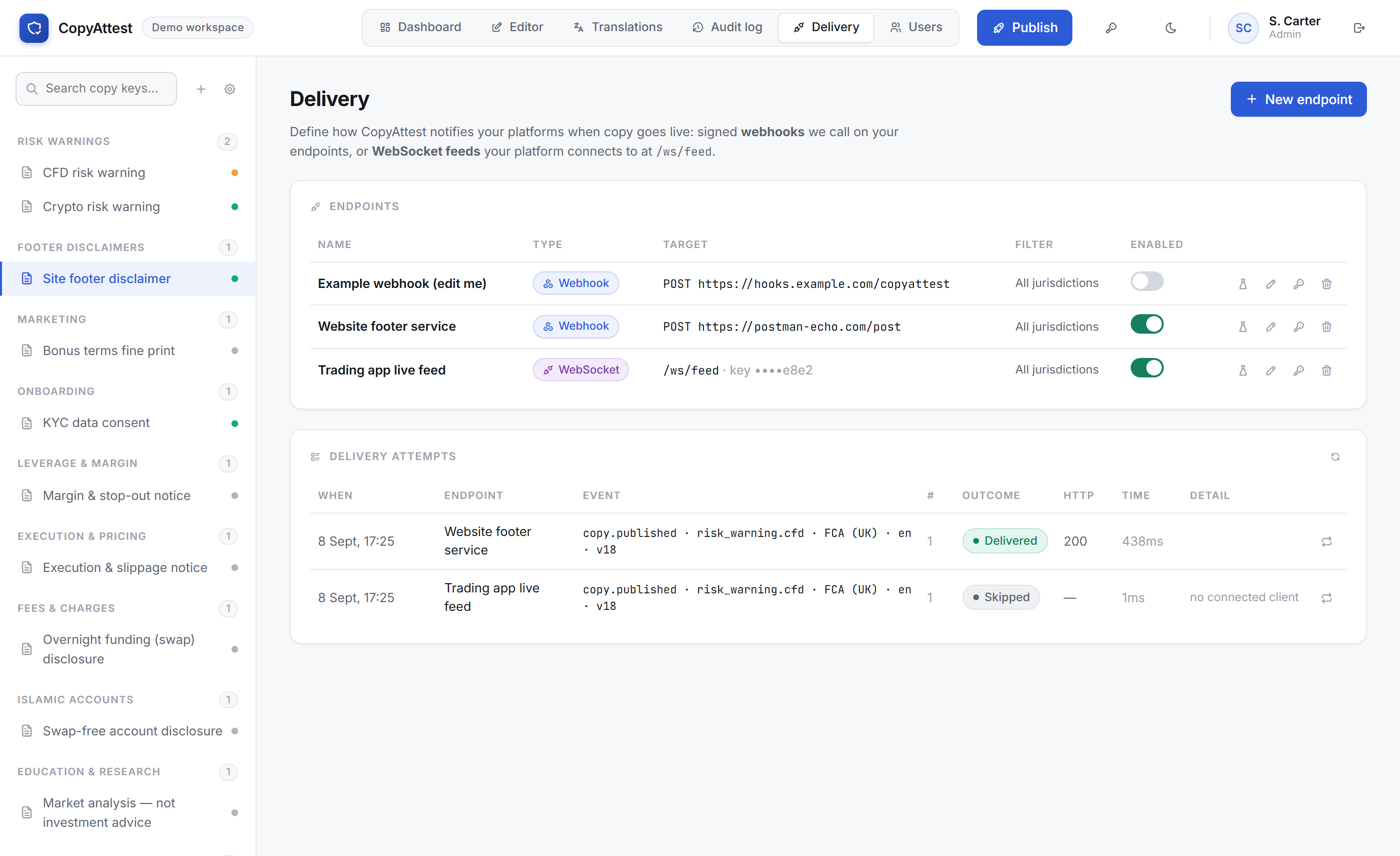 CopyAttest delivery view: webhook and WebSocket endpoints with a delivery attempt log